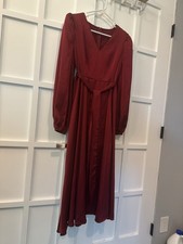 Burgundy Red Satin A-Line V-Neck Puff Long Sleeve Midi Dress Tie Belt Size M