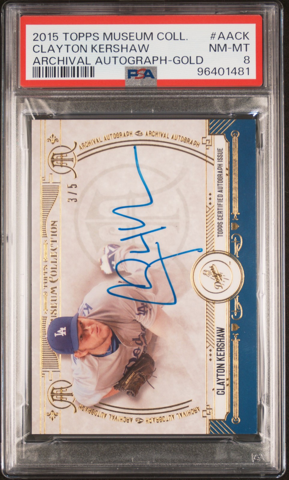 2015 TOPPS MUSEUM COLLECTION ARCHIVAL AUTO GOLD CLAYTON KERSHAW 3/5 PSA 8 AUTO