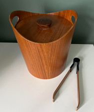 VINTAGE  RETRO TEAK? ICE BUCKET WITH TONGS