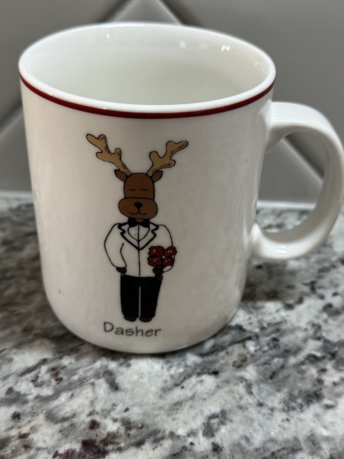 LTD Commodities Dasher Santa Reindeer Mug White with Red Trim and Stars