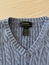 Lauren Ralph Lauren Blue Cable Knit V-Neck Sweater Size L 100 Cotton Preppy