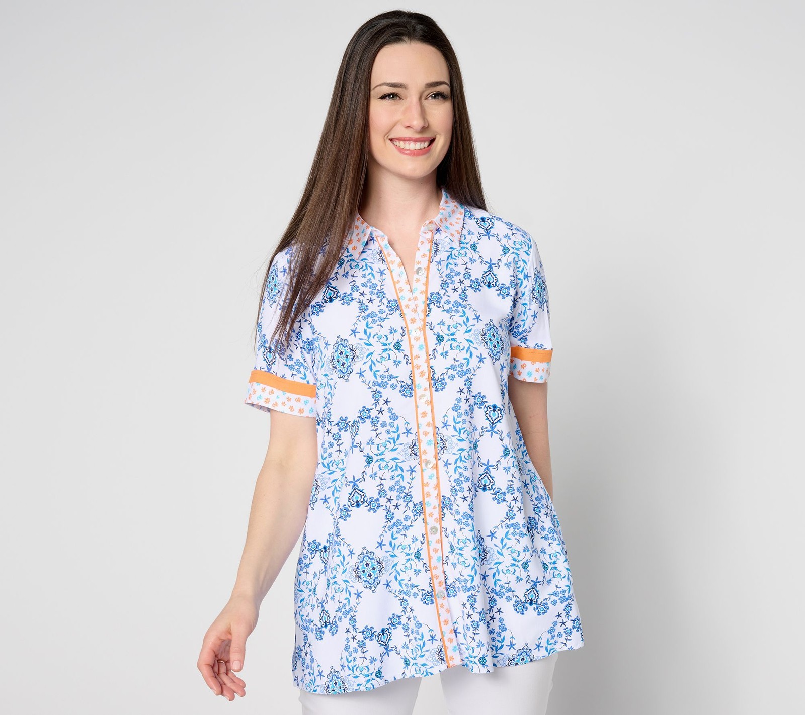 Susan Graver Women's Top Petite PL PASSPORT Rayon Woven Button Blue A647447