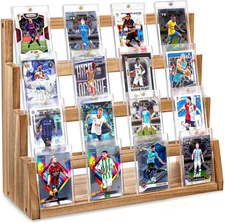 Card Display Stand, 4-Tier Trading Card Display, Wooden Graded Sports Card Displ
