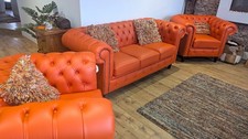 Chesterfield Orange Leather Tufted 3-Seater Sofa & Armchair Suite 200cm