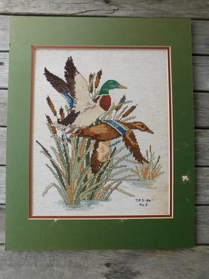 1986 Vintage Mallard Pair Drake Hen Needlepoint Matted Hunting Cottage Wildlife