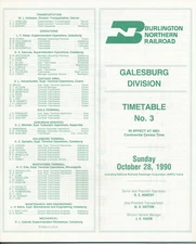 BURLINGTON NORTHERN RAILROAD GALESBURG DIVISION TIMETABLE #3 OCTOBER 28 1990 NEW