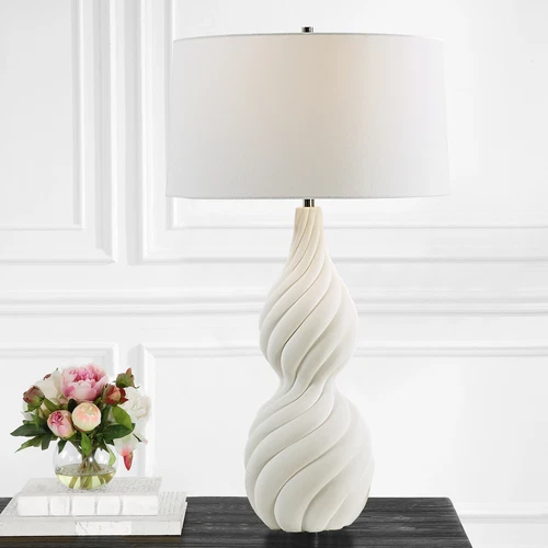 Elegant Twisted Ceramic Swirl Chalk White Table Lamp 32 in Gourd Shape Ribbed - Picture 2 of 7