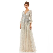 NEW Mac Duggal Nude Silver Sequin Wrap Over 3/4 Sleeve Gown NWT size 16