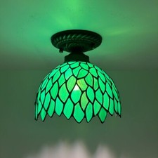 Tiffany Style Ceiling Lights Green Stained Glass Leaves LED Bulb 8"H 8"W 8"D