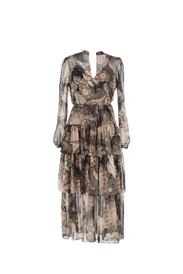 Twinset Milano Maxikleid in schwarz/rot im Blumenprint mit Bindegürtel
