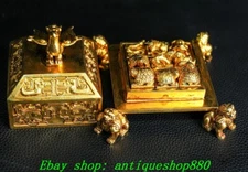 4.7''Old Chinese Dynasty Bronze Gold Phoenix Beast Leg Seal Stamp Signet Set Box
