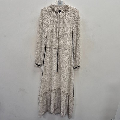 ME+EM Kleid weiß gepunktet Maxi Langarm hochgeschlossen Rüschen hoch niedrig Größe UK 8