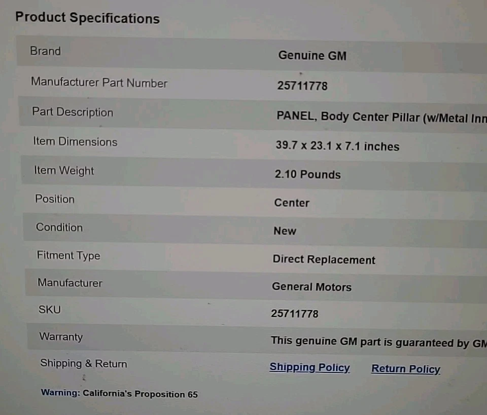 Cadillac Deville SEVILLE 00-05 Center Interior Trim Pillar 25711778 Shale NOS - Image 4 of 4