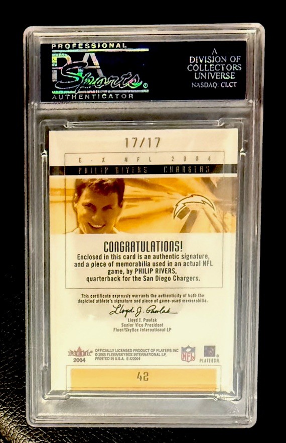 2004 Fleer E-X Philip Rivers RPA Game Worn RC Patch Auto PSA Gem 10 17/17!!🤩💎 view 2