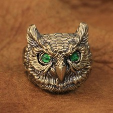 Green CZ Eyes Brass Owl Ring Mens Rock Punk Jewelry BR261D US Size 7~15
