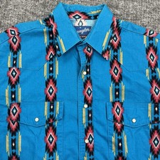 Wrangler Shirt Mens Medium Blue Pearl Snap Western Aztec Rancher Rodeo Cowboy