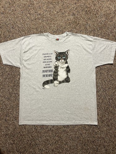 Gray adult T-shirt XXL with black and white cat graphic, funny text, and “I’m Not Yours, You’re Mine!” inside.