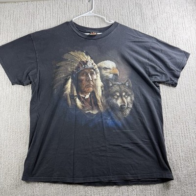 Vintage 3D Emblem T Shirt Native American Eagle Wolf Size XXL Made in USA