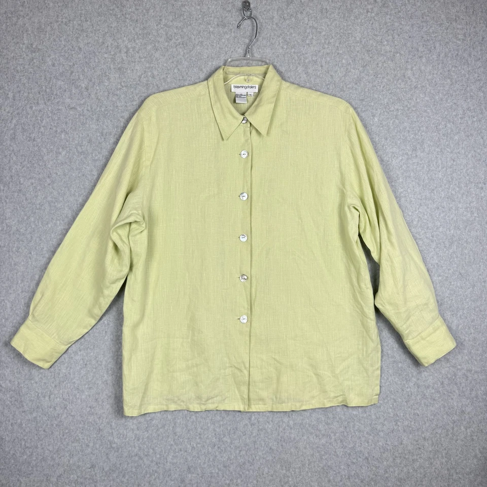 Camisa Bloomingdales Mujer XL Chartreuse Verde Lino Manga Larga Perla Abotonada Foto 2 de 4