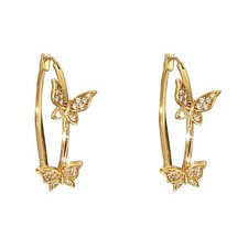 Double CZ Butterfly Dangle Hoop Earrings for Women Medium, Golden/Silvery