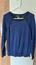 DKNY Womens Blue Rib-Knit Crewneck Shimmery Sweater Size L