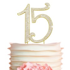 15 Cake Topper - Gold Rhinestone - 15th Birthday or Anniversary Decorations