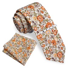 Mens Orange Floral Ties for Wedding Beige Slim Cotton Tie Skinny Necktie and ...