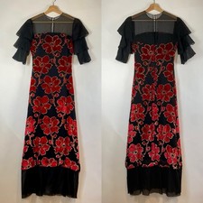 Dark Floral Mesh Velvet Layered Sleeve Long Dress Size XS Black Red Whimsigoth