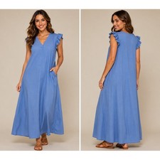 Unbranded Chambray Maxi Dress Women 3XL Blue Ruffle Sleeve V-Neck Boho Relaxed