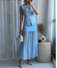 ZARA  COMBINED PLEATED KNIT SKIRT Mid Blue Size L Ref 4192/016
