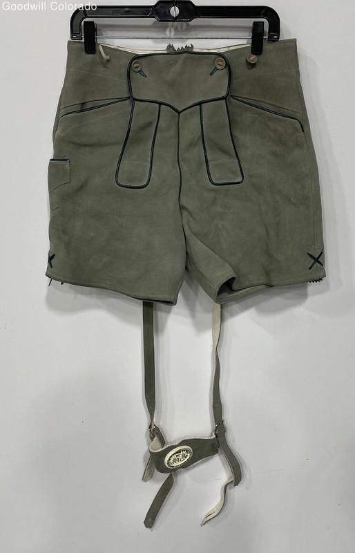 Mens Green Leather Adjustable Strap Pockets Traditional Lederhosen Shorts Sz 44