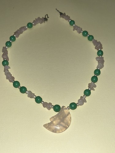 Necklace 16” Carved Crescent Moon Rose Quartz -Green Beads White Pearls - Picture 2 of 3