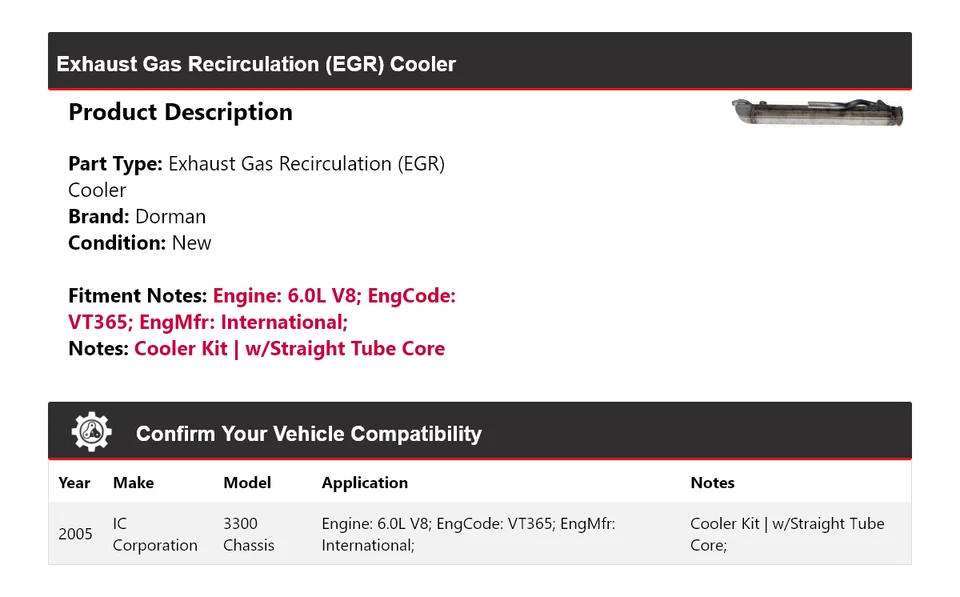 Para IC Corporation 3300 2005 chasis 6,0 L V8 Dorman enfriador EGR Foto 2 de 4