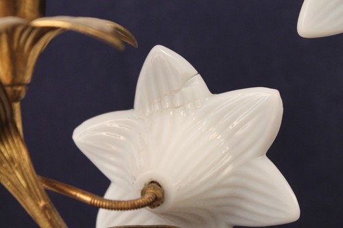 Antique Gilt Metal Candelabra Opaque White Glass Flowers - Picture 21 of 24