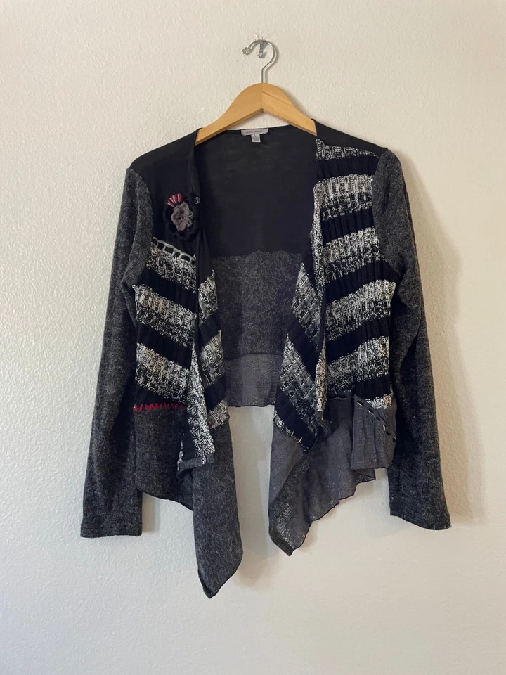 Cárdigan Linea Domani Grande Negro Gris Mixto Lagenlook Asimétrico Drapeado Abierto Foto 2 de 4