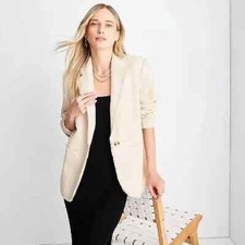 Women's Boucle Frayed Edge Blazer Jacket Size Large Cream