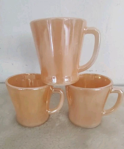 3 Vintage Fire King Peach Luster D Handle Coffee Cups Oven Ware 3.5" Tall