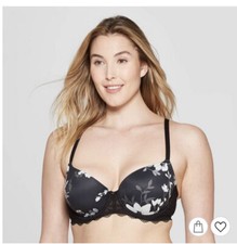 NWT Auden DAYDREAM LIGHT LIFT LACE DEMI T-SHIRT BRA 32D BLACK/WHITE FLORAL