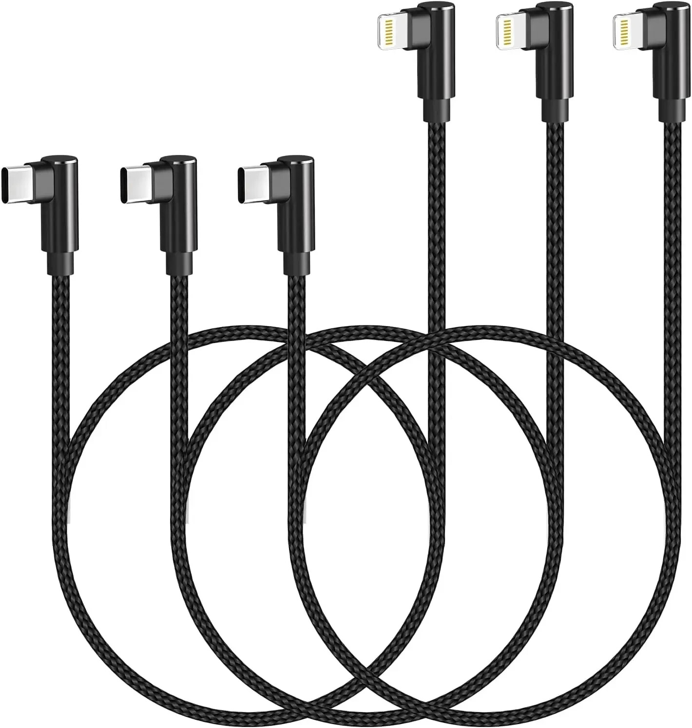 90-Degree MFi-Certified USB-C to Lightning Cable 3-Pack 3Ft Nylon iPhone Charger-image