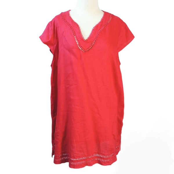 Blue Illusion Women Size XL Red Tunic Top Bobble Neckline Hem Cap Sleeves Pocket