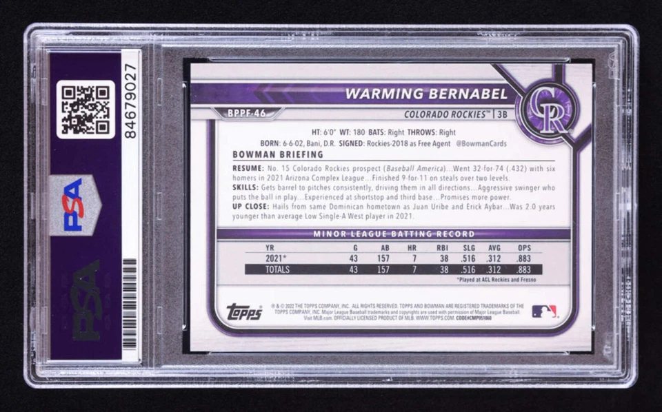 Warming Bernabel Signed 2022 Bowman 1st Edition Sky Blue Foil #BPPF46 RC (PSA | - Image 2 of 2