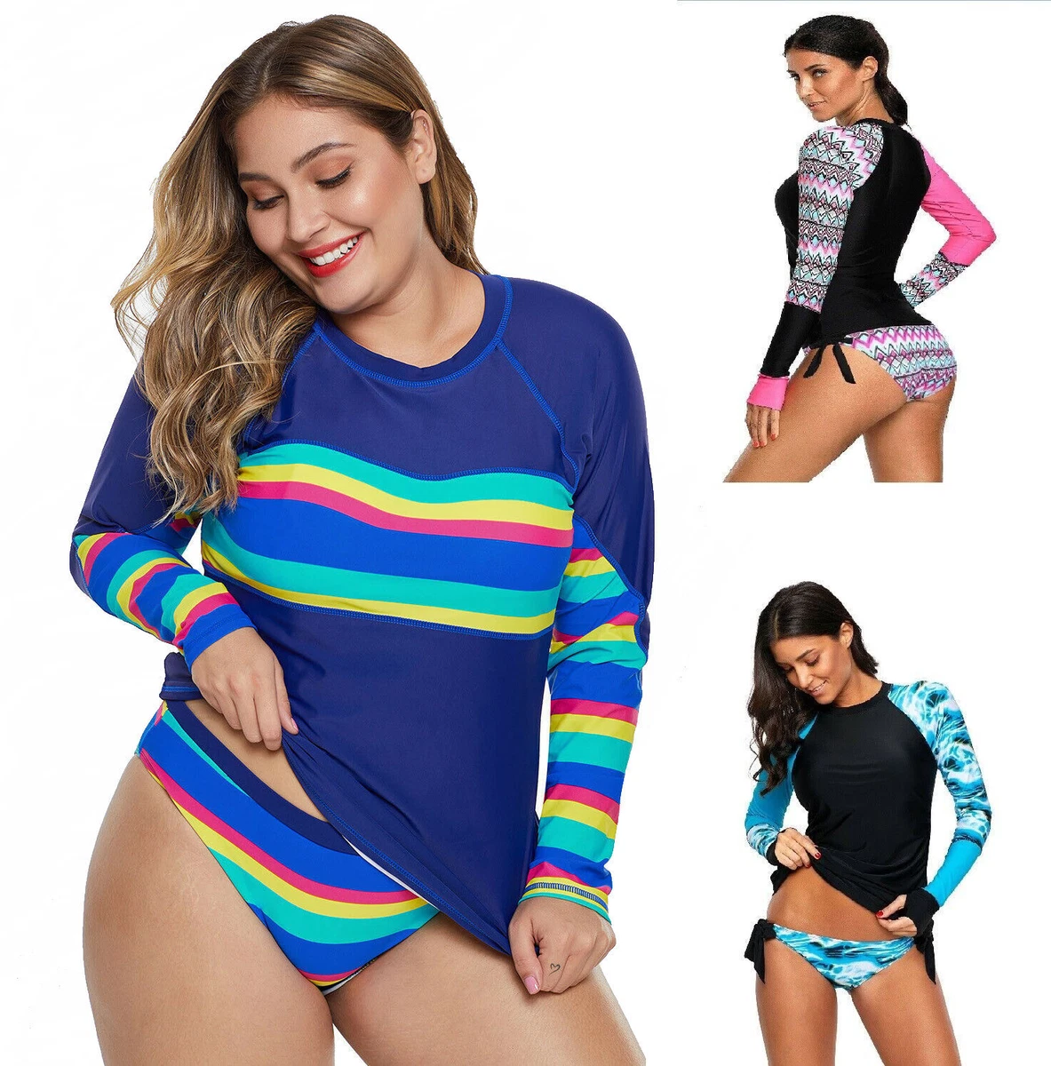 Women Long Sleeve Rash Guard Swimwear Surfing Shirt Two Pieces Swimsuit  Geometric Shorts Set Swimsuit Uv Protection Bathing Suit