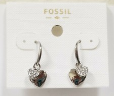 NEW FOSSIL SILVER TONE,CRYSTAL PAVE 2 HEARTS STUD EARRINGS JOF00235040