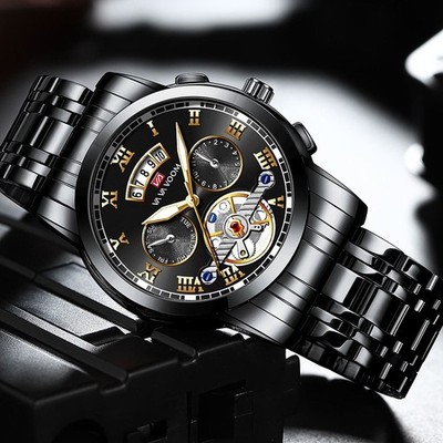 VA VA VOOM Men's Black Quartz Watch Stainless Steel Bracelet Open Heart