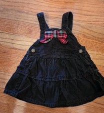 Vintage OshKosh BGosh Corduroy Jumper Dress Black Plaid Bow Size 9 Months