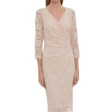 Ralph Lauren Cream Lace Ruched V-Neck Party Wedding Stretch Sheath Dress Size 8
