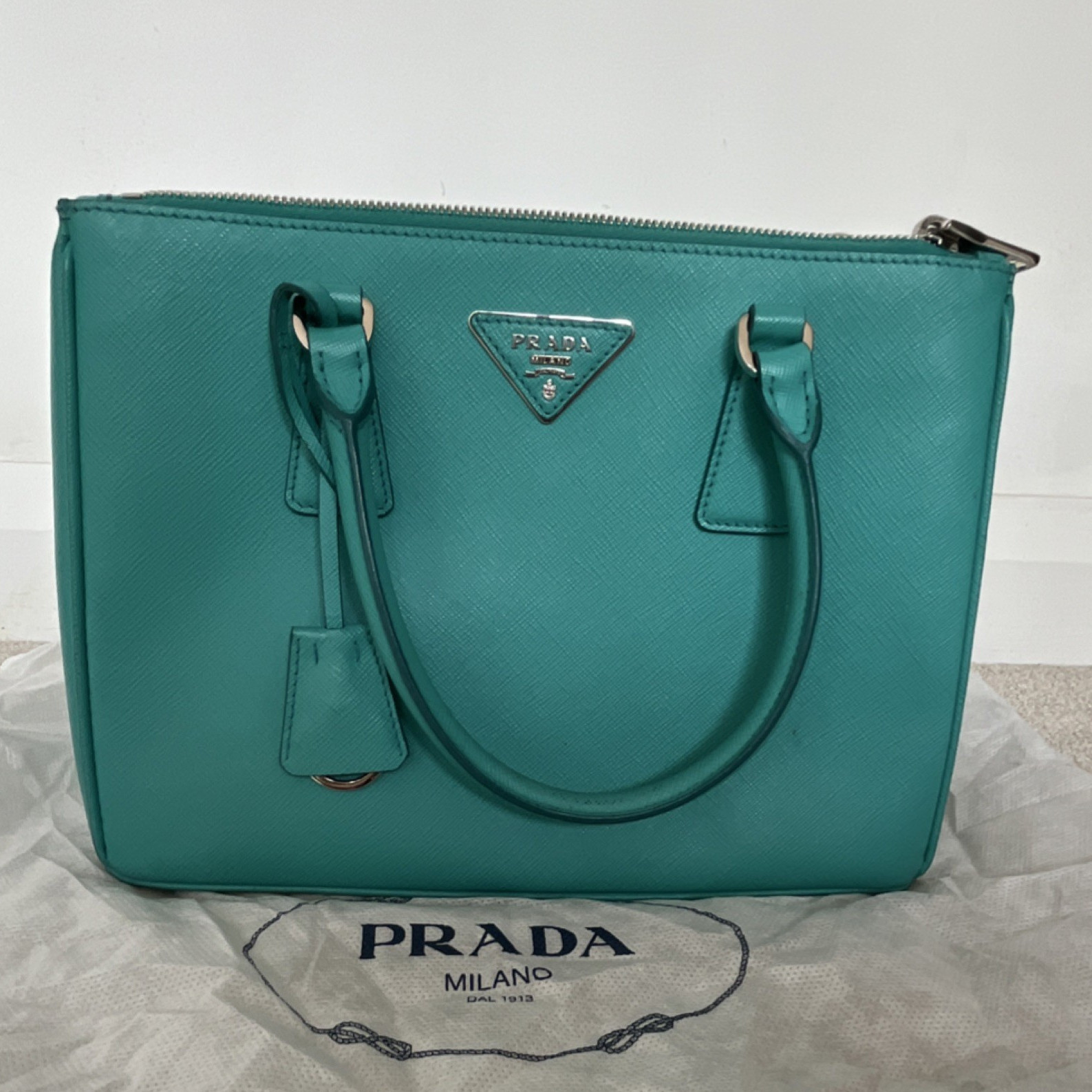 PRADA Saffiano Lux Galleria Turquoise Leather Satchel, Zip, Strap, Silver