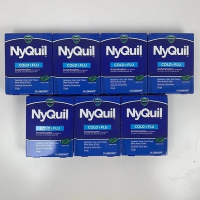(7) Nyquil Cold & Flu Nighttime Plus Pain Relief  24 Liqui Caps Exp 5/26