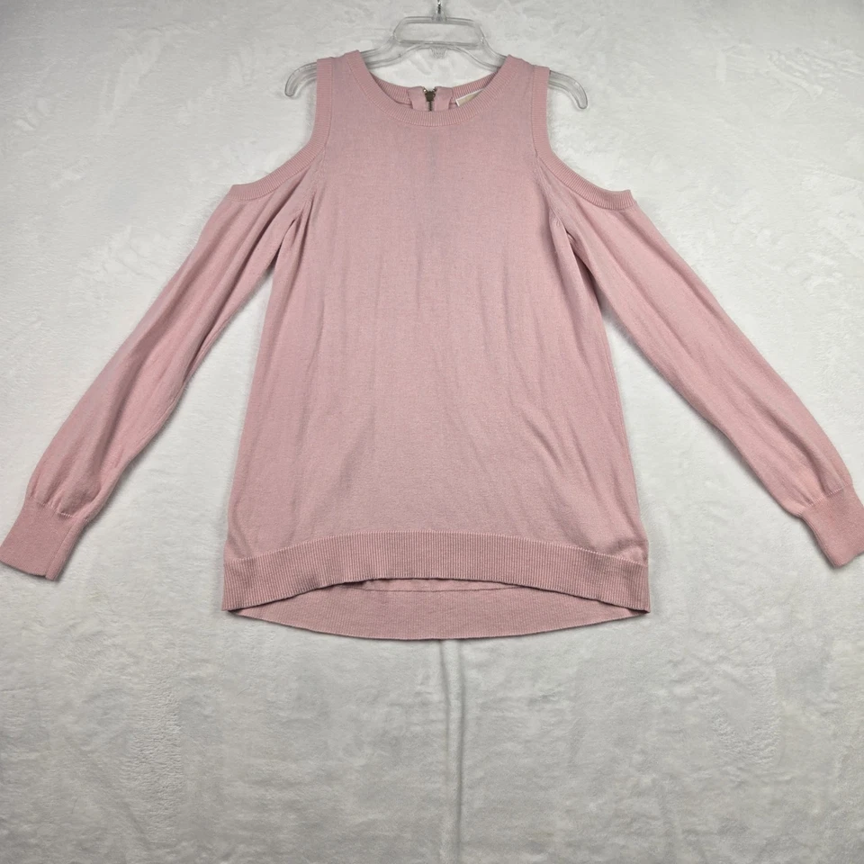 Женский свитер Michael Kors светло-розовый с открытыми плечами размер средний золотистая молния - Изображение 3 из 4