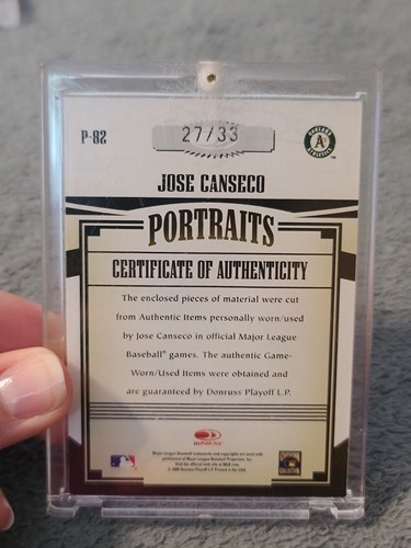 Jose Canseco '05 Prime Patches, Game-Used Hat, Glove, Jersey Card 27/33 - Picture 2 of 2